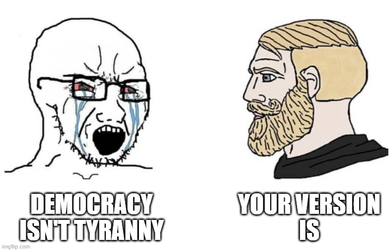 The Liberal Version Of Democracy Is Tyranny | DEMOCRACY
ISN'T TYRANNY; YOUR VERSION
IS | image tagged in liberal,liberals,liberalism,socialism,tyranny,democracy | made w/ Imgflip meme maker