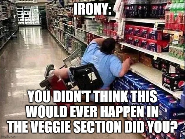 Irony: Meanwhile at Walmart | IRONY:; YOU DIDN'T THINK THIS WOULD EVER HAPPEN IN THE VEGGIE SECTION DID YOU? | image tagged in landwhale,obese,scooter tipped,walmart people | made w/ Imgflip meme maker