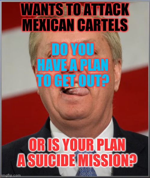 Lindsay Graham | DO YOU HAVE A PLAN TO GET OUT? WANTS TO ATTACK MEXICAN CARTELS; OR IS YOUR PLAN A SUICIDE MISSION? | image tagged in lindsey derp,stupid,waiting | made w/ Imgflip meme maker