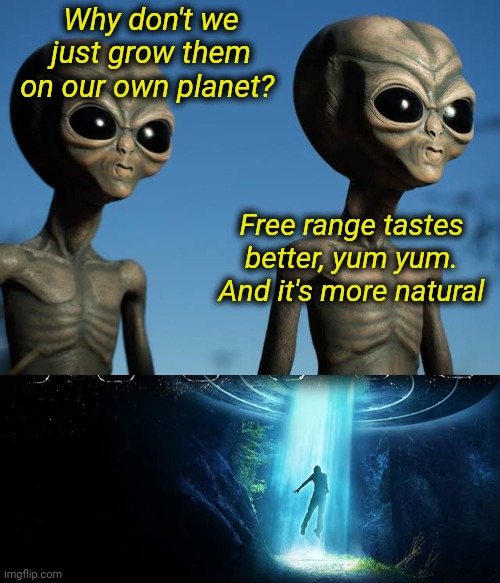 Free Range Earth | Why don't we just grow them on our own planet? Free range tastes better, yum yum. And it's more natural | image tagged in yummy,earth,aliens,abduction | made w/ Imgflip meme maker