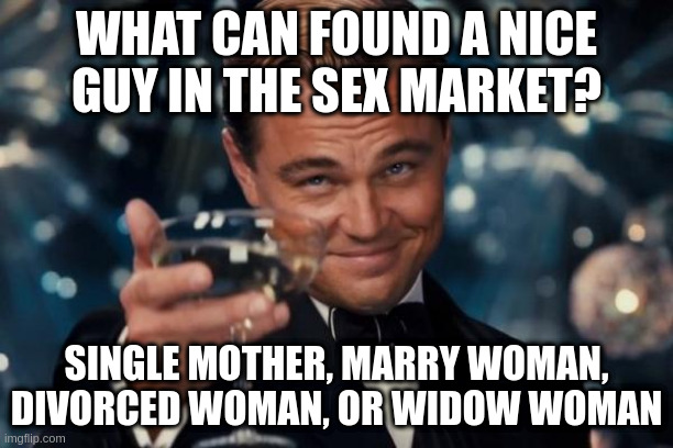 woman | WHAT CAN FOUND A NICE GUY IN THE SEX MARKET? SINGLE MOTHER, MARRY WOMAN, DIVORCED WOMAN, OR WIDOW WOMAN | image tagged in memes,leonardo dicaprio cheers | made w/ Imgflip meme maker