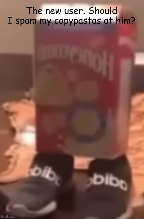 homie cereal wid da drippin | The new user. Should I spam my copypastas at him? | image tagged in homie cereal wid da drippin | made w/ Imgflip meme maker