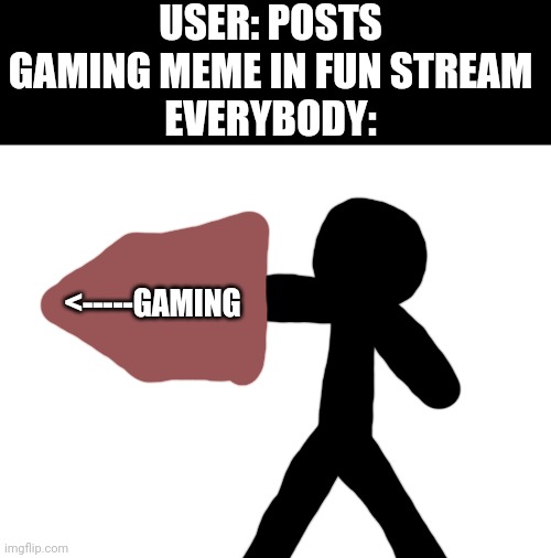 USER: POSTS GAMING MEME IN FUN STREAM
EVERYBODY:; <-----GAMING | image tagged in tag | made w/ Imgflip meme maker