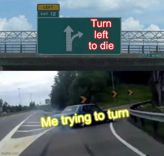 Left Exit 12 Off Ramp Meme | Turn left to die; Me trying to turn | image tagged in memes,left exit 12 off ramp | made w/ Imgflip meme maker