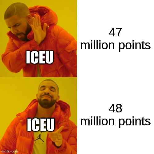 ICEU | 47 million points; ICEU; 48 million points; ICEU | image tagged in memes,drake hotline bling,iceu | made w/ Imgflip meme maker