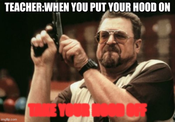 hehe | TEACHER:WHEN YOU PUT YOUR HOOD ON; TAKE YOUR HOOD OFF | image tagged in memes,am i the only one around here | made w/ Imgflip meme maker