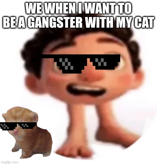 Cursed Luca | WE WHEN I WANT TO BE A GANGSTER WITH MY CAT | image tagged in cursed luca | made w/ Imgflip meme maker