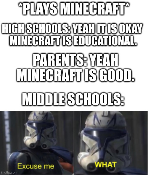 Is this right? | *PLAYS MINECRAFT*; HIGH SCHOOLS: YEAH IT IS OKAY 
MINECRAFT IS EDUCATIONAL. PARENTS: YEAH MINECRAFT IS GOOD. MIDDLE SCHOOLS: | image tagged in excuse me what | made w/ Imgflip meme maker