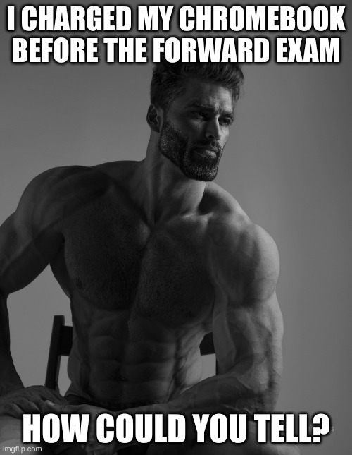 Giga Chad | I CHARGED MY CHROMEBOOK BEFORE THE FORWARD EXAM; HOW COULD YOU TELL? | image tagged in giga chad | made w/ Imgflip meme maker
