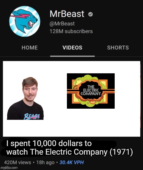 MrBeast thumbnail template | I spent 10,000 dollars to watch The Electric Company (1971) | image tagged in mrbeast thumbnail template | made w/ Imgflip meme maker