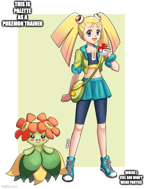 Pallette as a Pokemon Trainer | THIS IS PALETTE AS A POKEMON TRAINER; WHERE I FEEL SHE WON'T WEAR PANTIES | image tagged in megaman x,megaman,pallette,pokemon,memes | made w/ Imgflip meme maker