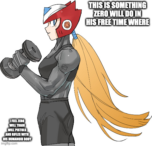 Zero Lifting Weights | THIS IS SOMETHING ZERO WILL DO IN HIS FREE TIME WHERE; I FEEL ZERO WILL TRAIN WILL PISTOLS AND RIFLES WITH HIS HUMANOID BODY | image tagged in zero,megaman,megaman x,memes | made w/ Imgflip meme maker