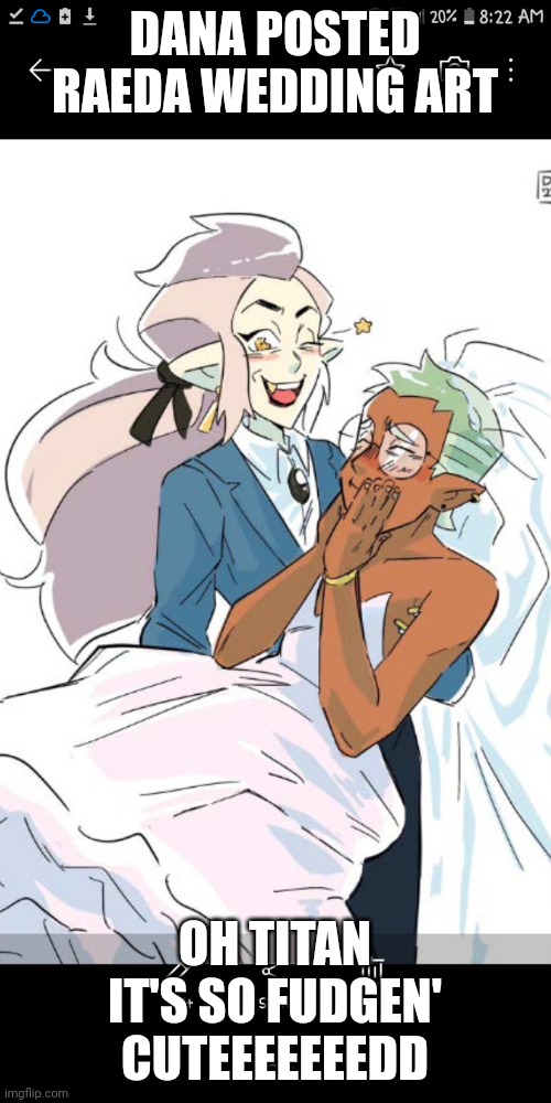 SO CUTEEEEEEEEEEEEE I NEED THIS TO BE CANON! | DANA POSTED RAEDA WEDDING ART; OH TITAN IT'S SO FUDGEN' CUTEEEEEEEDD | made w/ Imgflip meme maker