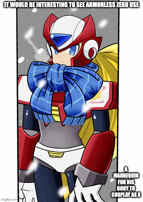 Zero With Scarf | IT WOULD BE INTERESTING TO SEE ARMORLESS ZERO USE; A MANNEQUIN FOR HIS BODY TO COSPLAY AS X | image tagged in megaman,megaman x,zero,memes | made w/ Imgflip meme maker