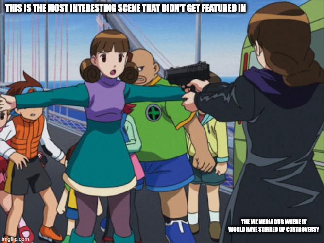 Ms. Yuri With Pistol | THIS IS THE MOST INTERESTING SCENE THAT DIDN'T GET FEATURED IN; THE VIZ MEDIA DUB WHERE IT WOULD HAVE STIRRED UP CONTROVERSY | image tagged in megaman,megaman battle network,anime,memes | made w/ Imgflip meme maker