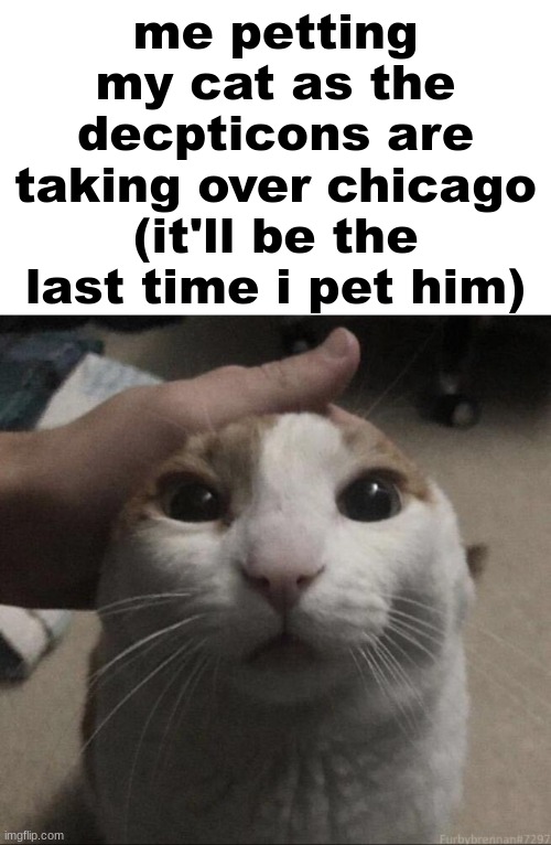 dark of the moon reference | me petting my cat as the decpticons are taking over chicago (it'll be the last time i pet him) | image tagged in me petting my cat | made w/ Imgflip meme maker