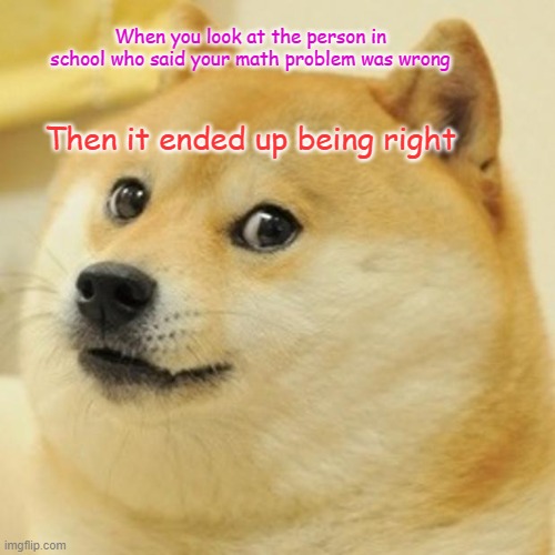 Doge | When you look at the person in school who said your math problem was wrong; Then it ended up being right | image tagged in memes,doge | made w/ Imgflip meme maker