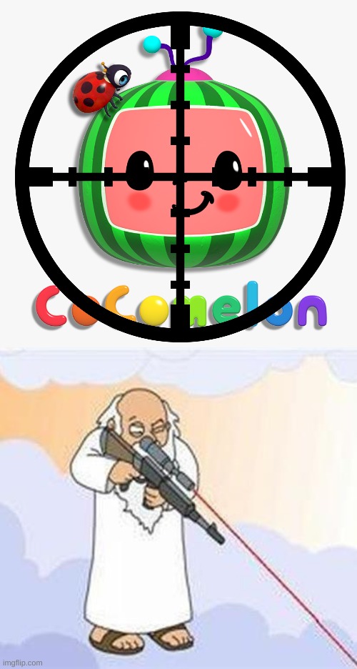 DEATH TO COCOMELON | image tagged in cocomelon logo,god sniper family guy | made w/ Imgflip meme maker
