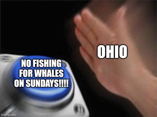 You can't fish for whales on Sundays | OHIO; NO FISHING FOR WHALES ON SUNDAYS!!!! | image tagged in memes,blank nut button | made w/ Imgflip meme maker