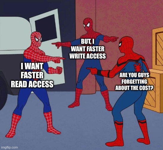 Spider Man Triple | BUT, I WANT FASTER WRITE ACCESS; I WANT FASTER READ ACCESS; ARE YOU GUYS FORGETTING ABOUT THE COST? | image tagged in spider man triple | made w/ Imgflip meme maker