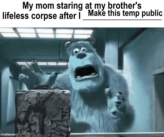 My mom staring at my brother's lifeless corpse after I x | Make this temp public | image tagged in my mom staring at my brother's lifeless corpse after i x | made w/ Imgflip meme maker