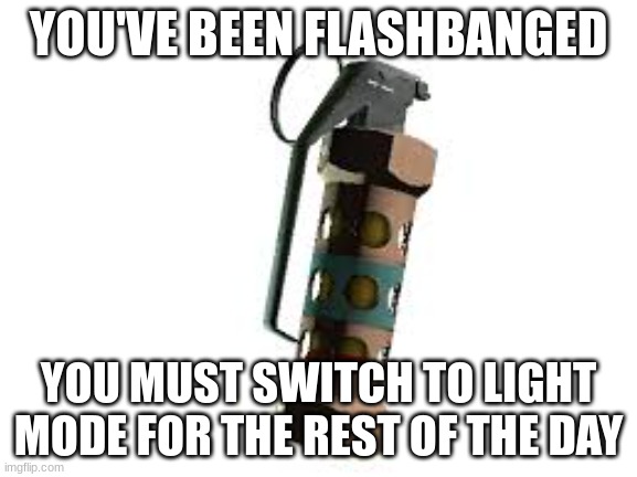 flashbang | YOU'VE BEEN FLASHBANGED YOU MUST SWITCH TO LIGHT MODE FOR THE REST OF THE DAY | image tagged in flashbang | made w/ Imgflip meme maker