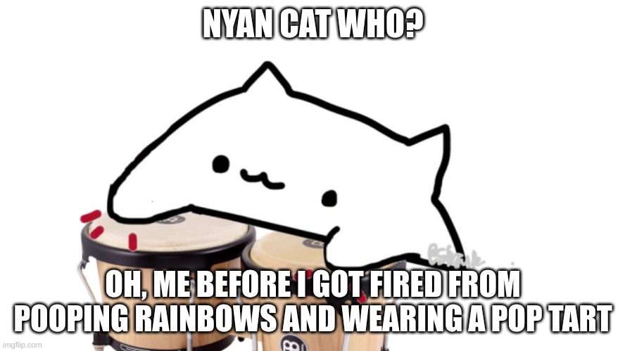 Bongo Cat | NYAN CAT WHO? OH, ME BEFORE I GOT FIRED FROM POOPING RAINBOWS AND WEARING A POP TART | image tagged in bongo cat | made w/ Imgflip meme maker