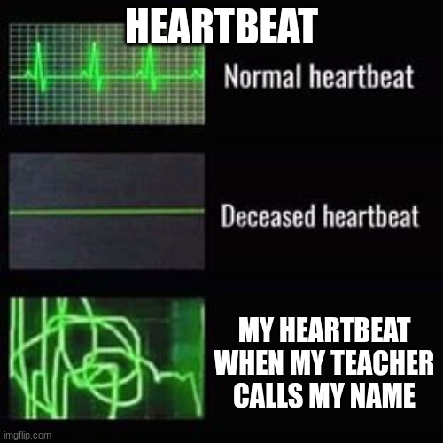 heartbeat rate | HEARTBEAT; MY HEARTBEAT WHEN MY TEACHER CALLS MY NAME | image tagged in heartbeat rate | made w/ Imgflip meme maker