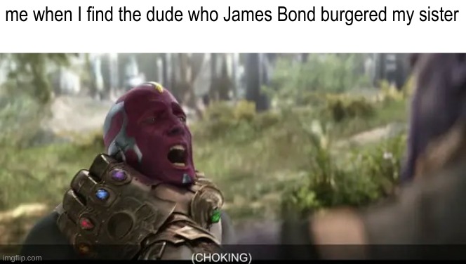 Avengers: Infinity War Thanos choking Vision | me when I find the dude who James Bond burgered my sister | image tagged in avengers infinity war thanos choking vision | made w/ Imgflip meme maker