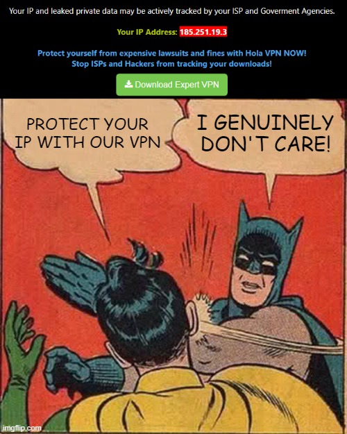 annoying vpn ads | PROTECT YOUR IP WITH OUR VPN; I GENUINELY DON'T CARE! | image tagged in memes,batman slapping robin,vpn,internet,i don't care,annoying ads | made w/ Imgflip meme maker