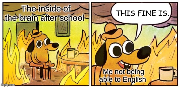 This Is Fine | The inside of the brain after school; THIS FINE IS. Me not being able to English | image tagged in memes,this is fine | made w/ Imgflip meme maker