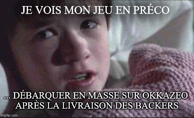 I See Dead People Meme | JE VOIS MON JEU EN PRÉCO; ... DÉBARQUER EN MASSE SUR OKKAZEO 
APRÈS LA LIVRAISON DES BACKERS | image tagged in memes,i see dead people | made w/ Imgflip meme maker