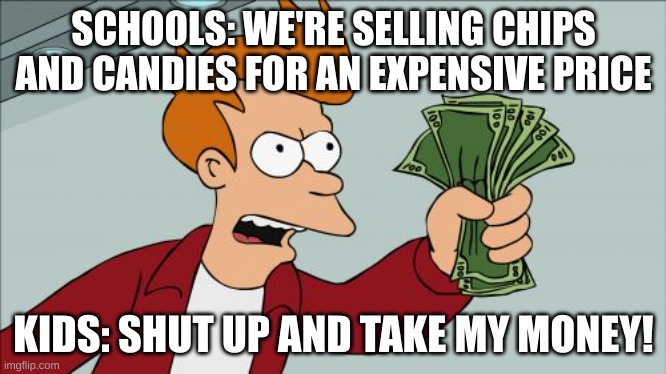 Shut Up And Take My Money Fry |  SCHOOLS: WE'RE SELLING CHIPS AND CANDIES FOR AN EXPENSIVE PRICE; KIDS: SHUT UP AND TAKE MY MONEY! | image tagged in memes,shut up and take my money fry | made w/ Imgflip meme maker