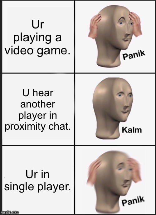 *Music intensifies* | Ur playing a video game. U hear another player in proximity chat. Ur in single player. | image tagged in memes,panik kalm panik | made w/ Imgflip meme maker
