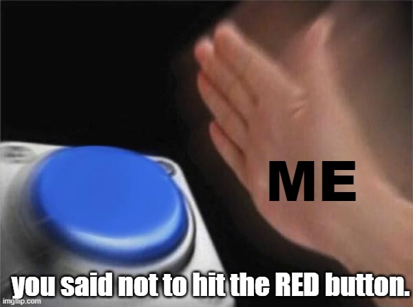 Blank Nut Button | ME; you said not to hit the RED button. | image tagged in memes,blank nut button | made w/ Imgflip meme maker