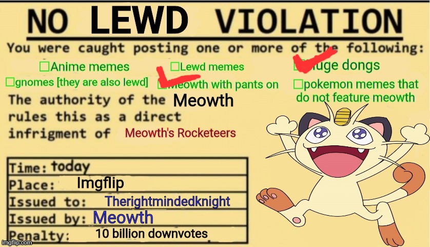 No lewd | Therightmindedknight Meowth | image tagged in no lewd | made w/ Imgflip meme maker