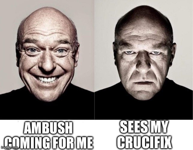 breaking bad smile frown | AMBUSH COMING FOR ME; SEES MY CRUCIFIX | image tagged in breaking bad smile frown | made w/ Imgflip meme maker