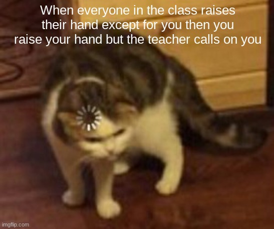 lol | When everyone in the class raises their hand except for you then you raise your hand but the teacher calls on you | image tagged in loading cat,raise,teacher,hand,meme,funny | made w/ Imgflip meme maker
