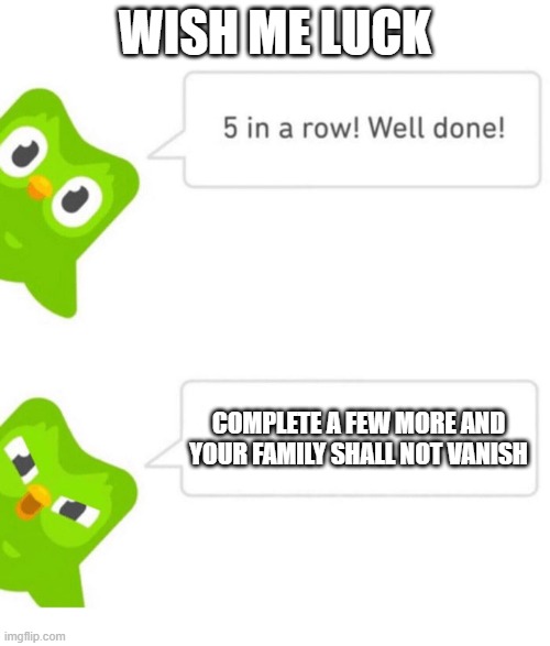 Wish me luck guys | WISH ME LUCK; COMPLETE A FEW MORE AND YOUR FAMILY SHALL NOT VANISH | image tagged in duolingo 5 in a row | made w/ Imgflip meme maker