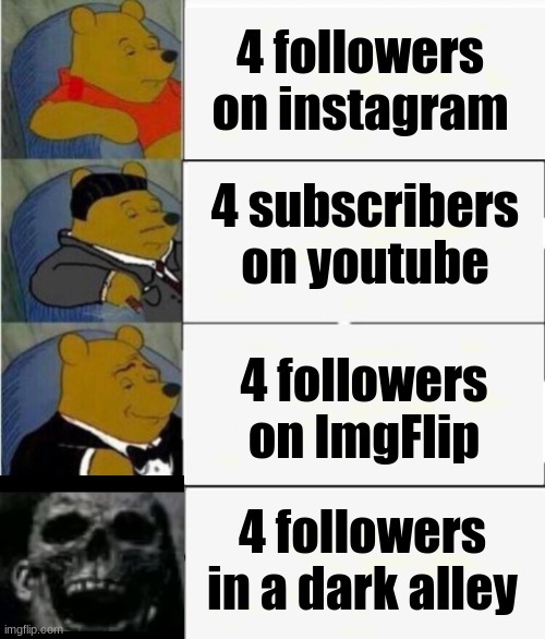 idk | 4 followers on instagram; 4 subscribers on youtube; 4 followers on ImgFlip; 4 followers in a dark alley | image tagged in tuxedo winnie the pooh 4 panel,bruh moment,meme | made w/ Imgflip meme maker