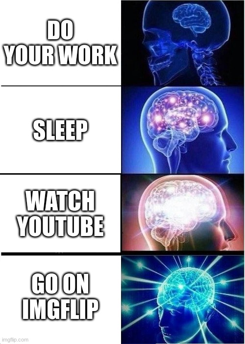 Expanding Brain | DO YOUR WORK; SLEEP; WATCH YOUTUBE; GO ON IMGFLIP | image tagged in memes,expanding brain | made w/ Imgflip meme maker