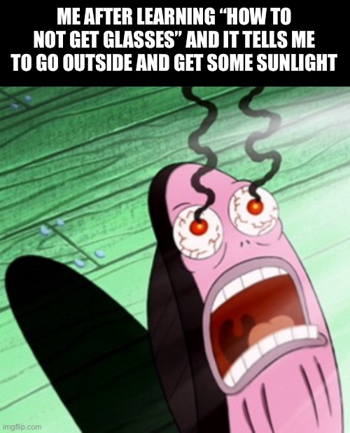 It is true, just go outside | ME AFTER LEARNING “HOW TO NOT GET GLASSES” AND IT TELLS ME TO GO OUTSIDE AND GET SOME SUNLIGHT | image tagged in burning eyes | made w/ Imgflip meme maker