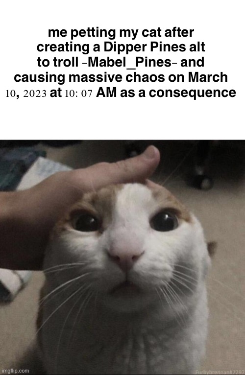 me petting my cat | me petting my cat after creating a Dipper Pines alt to troll -Mabel_Pines- and causing massive chaos on March 10, 2023 at 10:07 AM as a consequence | image tagged in me petting my cat | made w/ Imgflip meme maker
