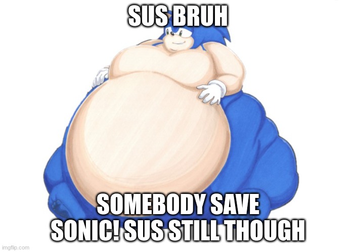 Sonic XL! | SUS BRUH; SOMEBODY SAVE SONIC! SUS STILL THOUGH | image tagged in fat sonic 2 | made w/ Imgflip meme maker