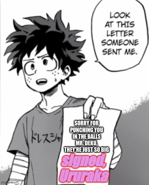 Deku letter | SORRY FOR PUNCHING YOU IN THE BALLS MR. DEKU. THEY'RE JUST SO BIG; signed, Ururaka | image tagged in deku letter | made w/ Imgflip meme maker