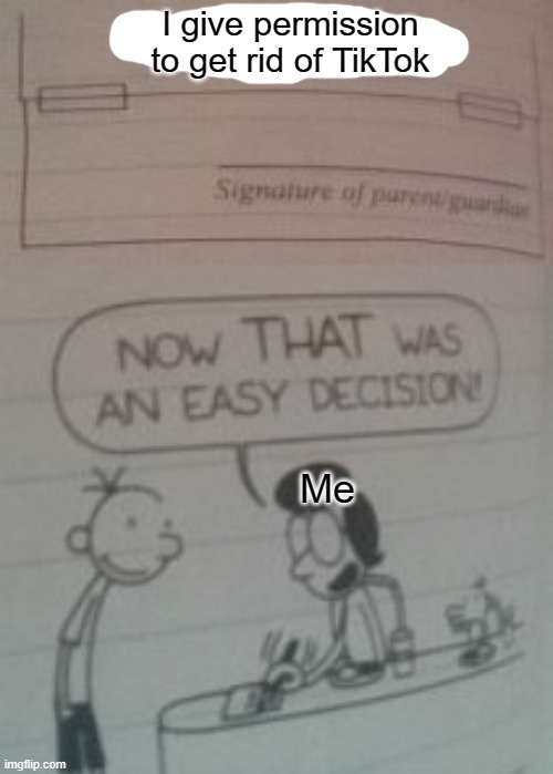 Screw TikTok (My new template also! please use it!) | I give permission to get rid of TikTok; Me | image tagged in now that was an easy decision,greg heffley,new template,tiktok sucks | made w/ Imgflip meme maker