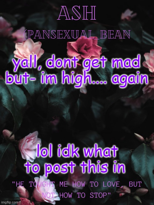 :) | yall, dont get mad but- im high.... again; lol idk what to post this in | image tagged in ash's announcement template | made w/ Imgflip meme maker