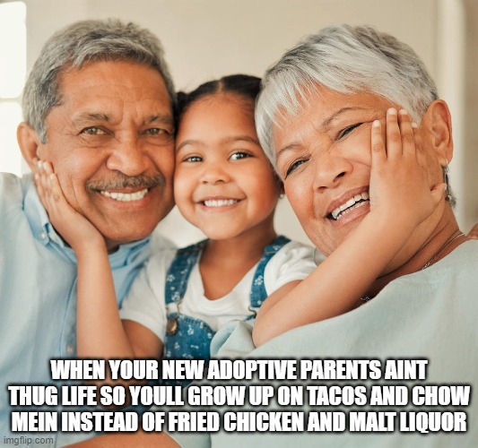ahhhhh | WHEN YOUR NEW ADOPTIVE PARENTS AINT THUG LIFE SO YOULL GROW UP ON TACOS AND CHOW MEIN INSTEAD OF FRIED CHICKEN AND MALT LIQUOR | image tagged in children,parents,family,funny memes,mom,dad | made w/ Imgflip meme maker