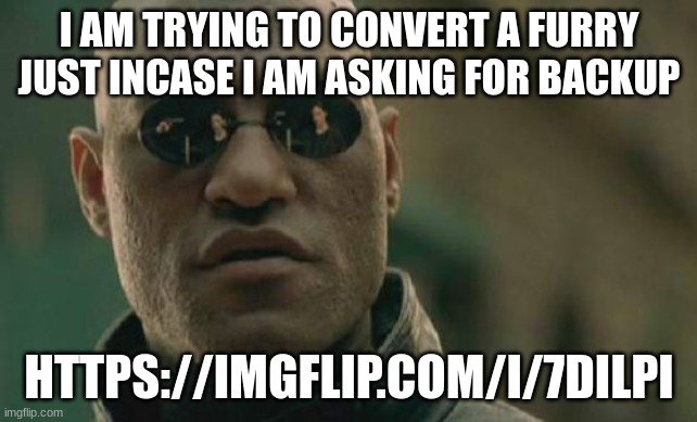 backup needed | I AM TRYING TO CONVERT A FURRY JUST INCASE I AM ASKING FOR BACKUP; HTTPS://IMGFLIP.COM/I/7DILPI | image tagged in memes,matrix morpheus,anti furry | made w/ Imgflip meme maker