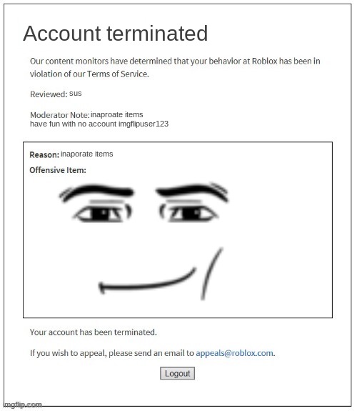 roblox moddoration be like | Account terminated; sus; inaproate items; have fun with no account imgflipuser123; inaporate items | image tagged in moderation system,roblox sucks | made w/ Imgflip meme maker